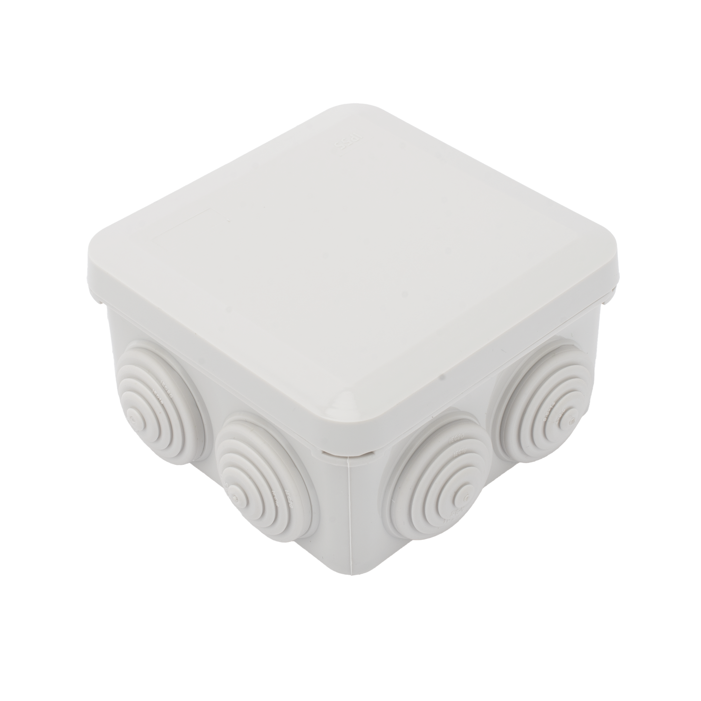 Caja Derivación-Conexión de Plástico (89 X 89 X 50 mm) con 7 Glándulas de Goma. Para Instalaciones Comerciales, Residenciales e Industriales. Cerrado a Presión.