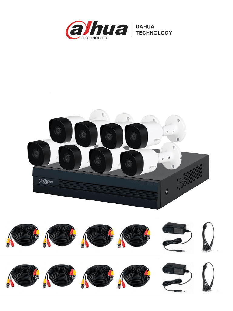 DAHUA KITXVR1B08- I+8-B2A21- Kit de 8 Canales, DVR Cooper-I WizSense con IA y H.265+, 8 cámaras B2A21 de 1080p metálicas