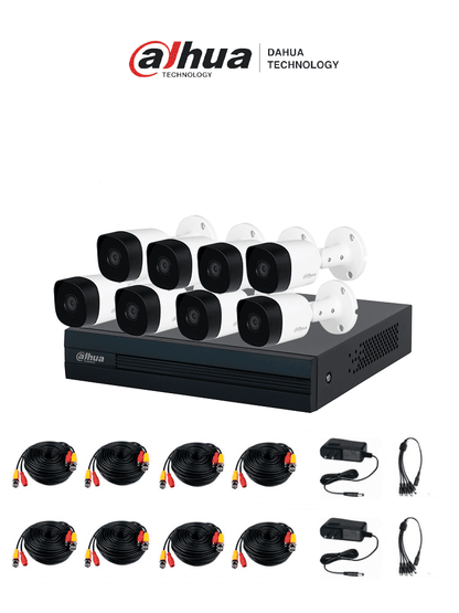 DAHUA KITXVR1B08- I+8-B2A21- Kit de 8 Canales, DVR Cooper-I WizSense con IA y H.265+, 8 cámaras B2A21 de 1080p metálicas