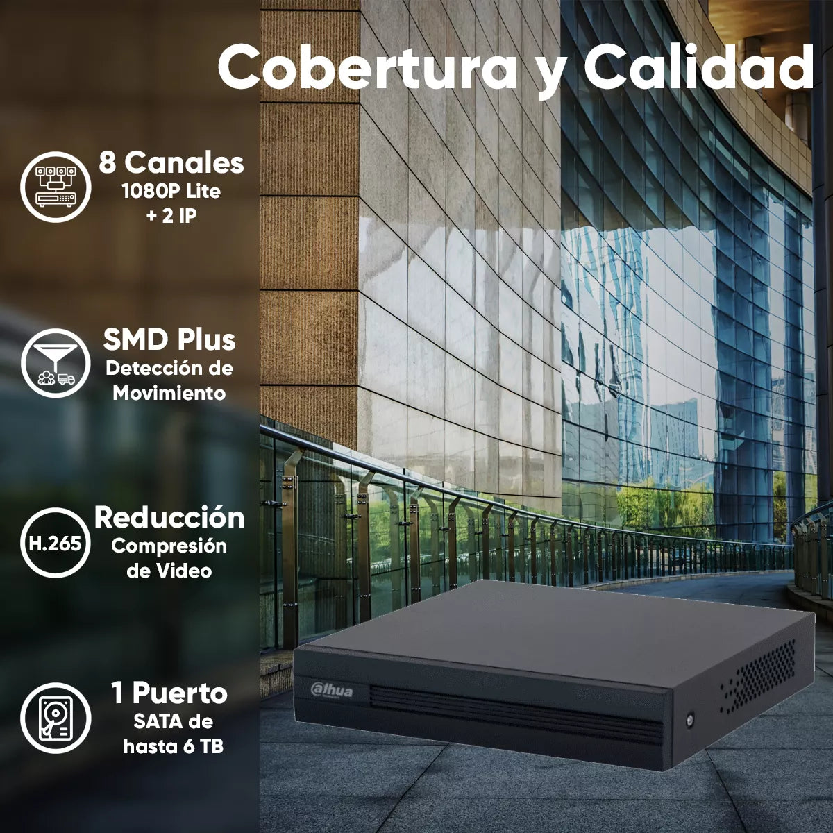 DAHUA KITXVR1B08- I+8-B1A21- Kit de 8 Canales 2 Megapixeles DVR Cooper-I WizSense Con IA H.265+ 8 Camaras