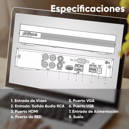 DAHUA KITXVR1B08- I+8-B1A21- Kit de 8 Canales 2 Megapixeles DVR Cooper-I WizSense Con IA H.265+ 8 Camaras