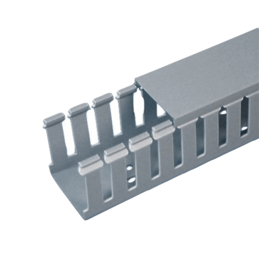 Canaleta Ranurada de PVC con Tapa, Tipo F, 57.2 mm de Ancho, 79.2 mm de Alto y 2 m de Largo, Color Gris