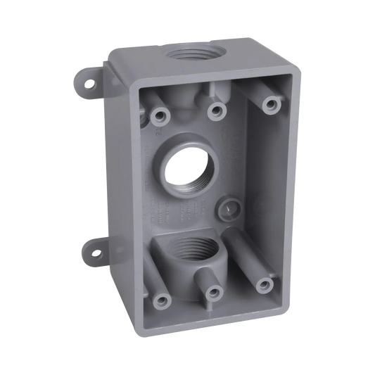 Caja Impermeable de 1 Gang / Profundidad de 2"/ Cuenta con 3 Salidas roscadas para tubería de 1/2" ó 3/4"/ Color Gris.