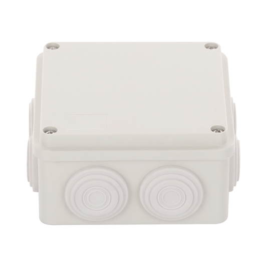 Caja Derivación-Conexión de Plástico (100 X 100 X 54 mm) con 6 Glándulas de Goma. Para Instalaciones Comerciales, Residenciales e Industriales. Incluye Tornillería para su Tapa.