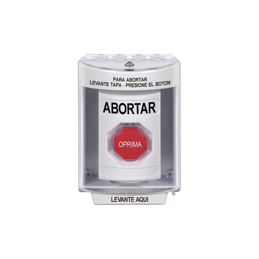 Botón de Abortar, Bocina de Advertencia Integrada, Texto en Español, Tapa Protectora de Policarbonato Súper Resistente con Espaciador, Restablecimiento con Llave